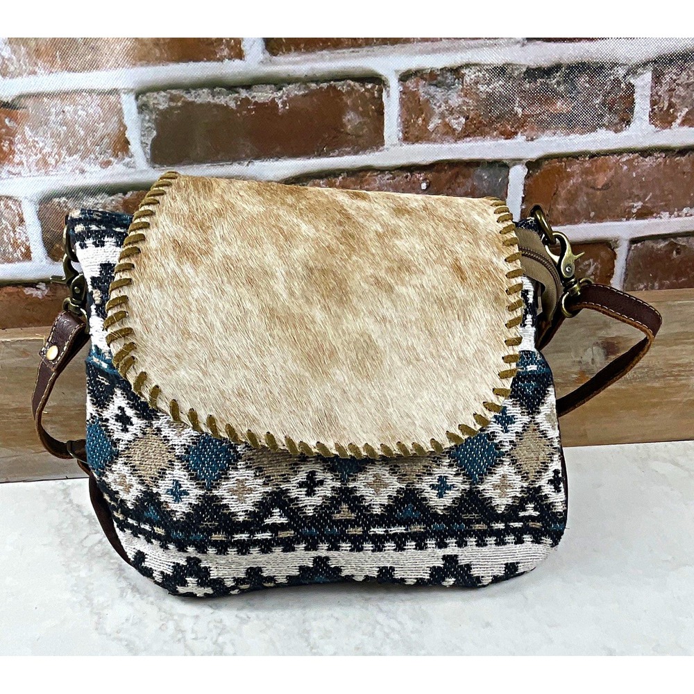 Myra Bag Western Cowhide Flap Geometric Woven Canvas Crossbody Zip Purse